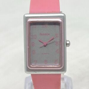 Vintage Armitron Tank Watch Women 22mm Silver Tone Pink Matte New Battery 7.75"